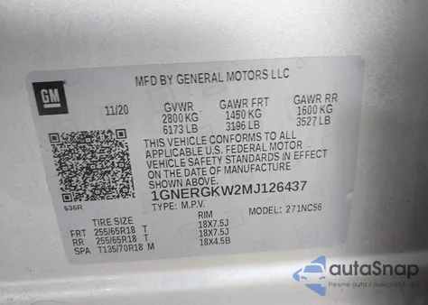 2021 Chevrolet Traverse Fwd Lt Cloth from USA, damaged, VIN 1GNERGKW2MJ126437